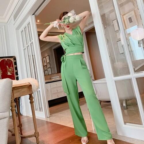 OL Style Sheer Women Two Pieces Set Sleeveless Ruched Blouse and High Waist Wide Legging Pants Tracksuits for Ladies Office