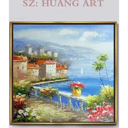 100% Hand Painted Mediterranean Sea Italian Beach Town Coast Homes Canvas Home Wall Art Oil Painting by Well Known Artist, Frame
