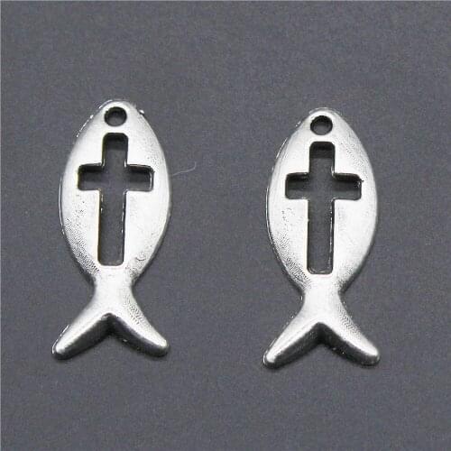 30pcs Charm Jesus Fish 2 Colors Jesus Cross Fish Charms Pendant For Jewelry Making Antique Bronze Color Cross Fish Charms 9x20mm