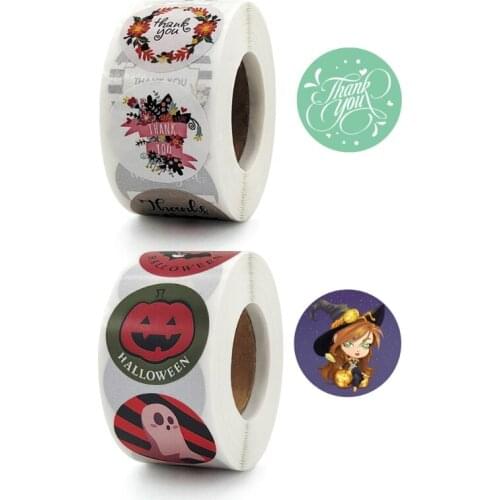 500 Pcs/1 Roll Halloween Theme Stickers Flowers Stickers Pumpkin Head Witch Animal Pattern Stickers Thank You Stickers