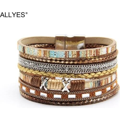 ALLYES Bohemian Multilayer Braided Leather Bracelets for Women Fashion Metal Charm Chain Bracelet Bangle Party Female Jewelry