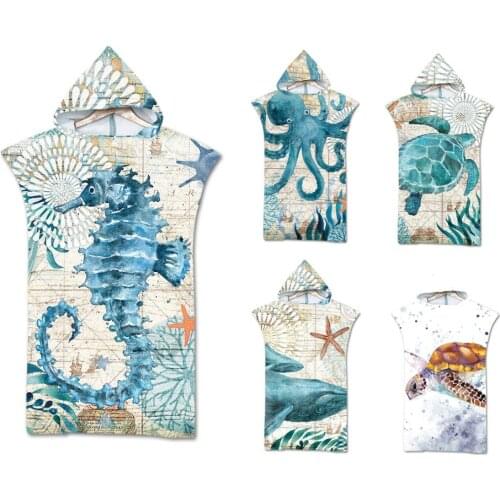 Free shipping Novelty Gift Sea Horse Turtle Whale Octopus Pattern Blue Large Hooded Towel Swim Surf Bath Beach Towel Poncho Cape