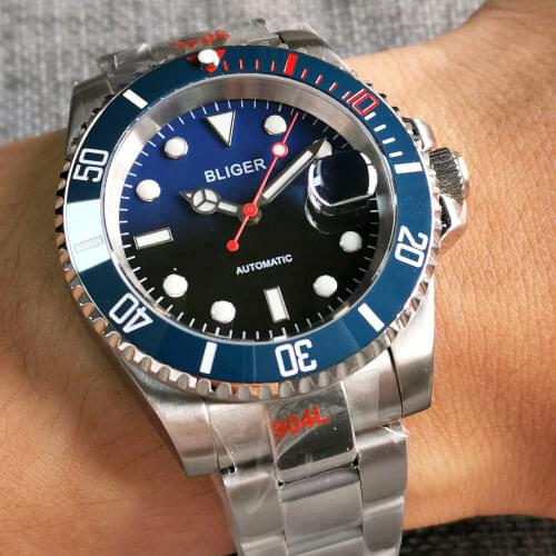 Bliger 40mm Mens Watch Japan NH35/Miyota 8215 Automatic Movement Black Blue Dial Date Cyclops Sapphire 904L Strap Red Second