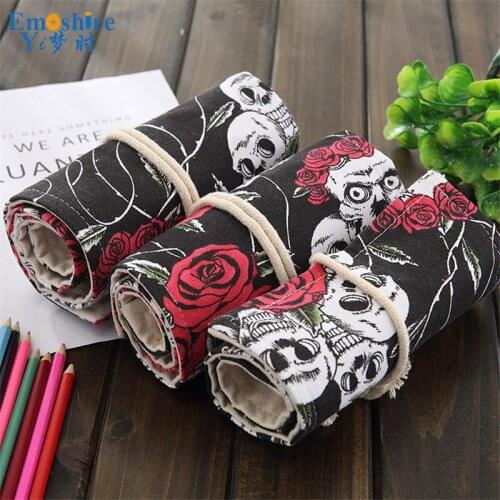 Handmade Rose Skull Head Pencil Case 36/48/72 Pencil Case Hole Large Capacity Student Roll Painting Student Pencil Bag B147