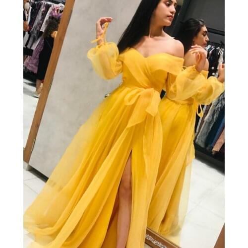 Long Tulle Yellow Evening Dresses with Slit Lace Up Back A-Line Floor Length Off Shoulder Abendkleid Robes de Soirée for Women