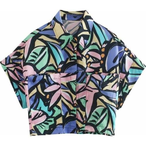 Evfer Women Fashion Colorful Print Za Spring Short Shirts Chic Lady Casual Turn-Down Collar Big Pockets Single Breasted Blouse