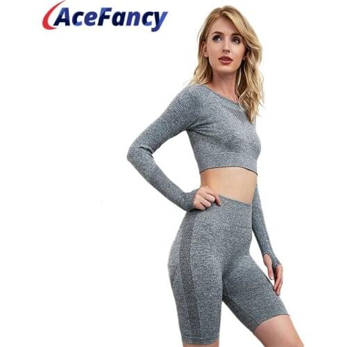 Yoga Sets Women Gym Clothes 2782C Breathable Long Sleeve Crop Top Super Stretchy Gym Shorts/ Leggings Gym Set Women Fitness Suit