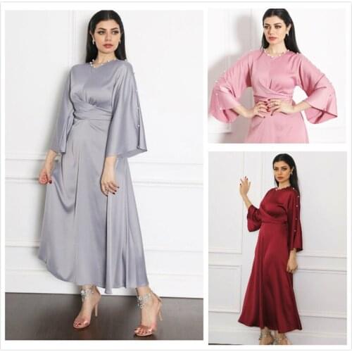 Muslim Dress Women Middle East Satin Lotus Leaf Sleeve Dress Muslim Woman Long Dress Abaya Turkey Muslim Fashion Abaya Dubai