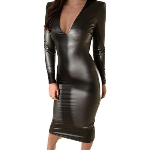 Womens New Fake Leather Womens Long Sleeve Medium Skirt V Neck Shoulder Pad Body Sexy and Elegant Party Club 2021 Spring Slim
