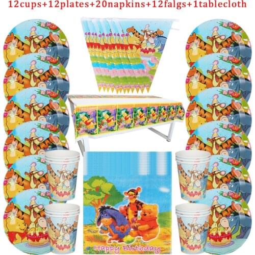57Pcs Winnie the Pooh Theme Disposable Tableware Design Kids Birthday Party Paper Plate+Cup+Napkin+Flag+Tablecloth Supplies
