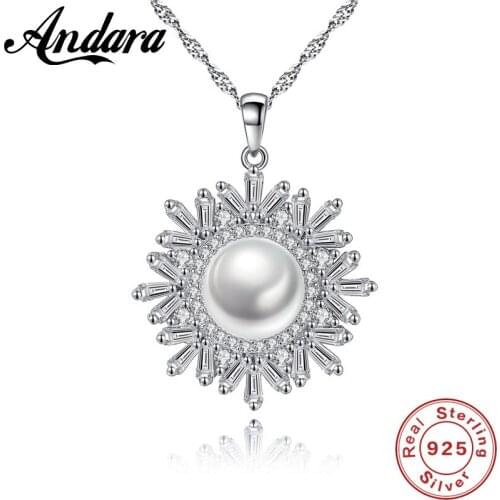 Real 925 Sterling Silver Pearl Snowflake Pendant Necklace Clear CZ Fashion Jewelry Wholesale