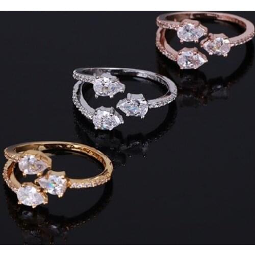 Simple staggered elegant set water drop type ultra-flash zircon opening ring
