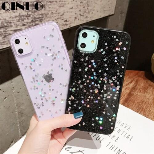 QINUO Cute Glitter Case for iPhone 11 Pro MAx 6 6s 7 8 Plus Glossy Epoxy Star Love Heart Clear Soft Case For iPhone X XS Max XR