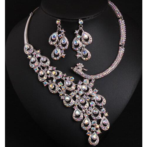 Rhinestone Peacock Bridal Jewelry Sets Crystal Statement Necklace Earrings Sets Choker Fashion Women Wedding Party Jewelry Set