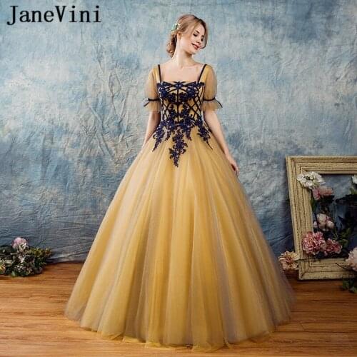 JaneVini Vintage Prom Dress 2018 Gold Long Party Dress With Navy Blue Lace Appliques Pearls Bridesmaid Dress Tulle Backless Gown