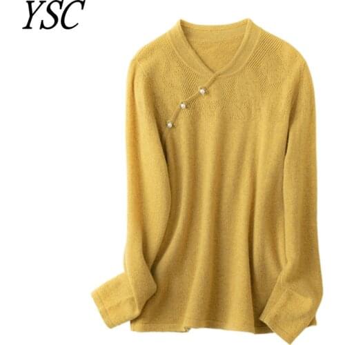 YSC 2021 Hot Sales Women Knitted 100% wool Sweater Small V collar Cheongsam style high quality Keep warm pullovers
