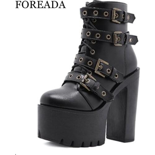 FOREADA Woman Motorcycle Boots Autumn Platform Thick Heel Shoes Buckle Super High Heel Round Toe Zipper Ladies Ankle Boots 35-42