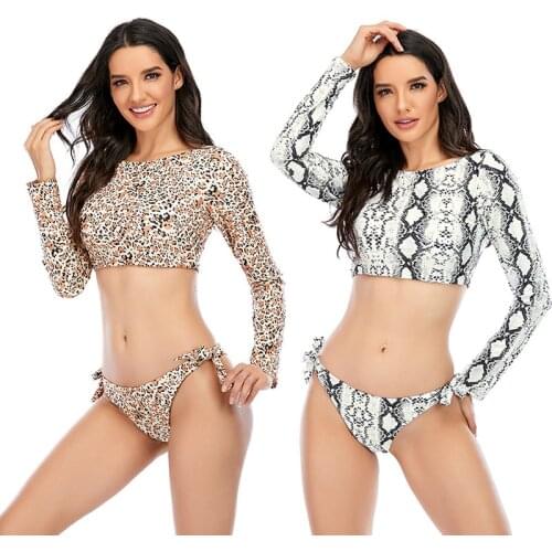 Womens Bikini Set Tiger Print Long Sleeve Round Neck Cropped Tops and Panty Swimsuit Two-piece Suit for Swimming Beach Vacation
