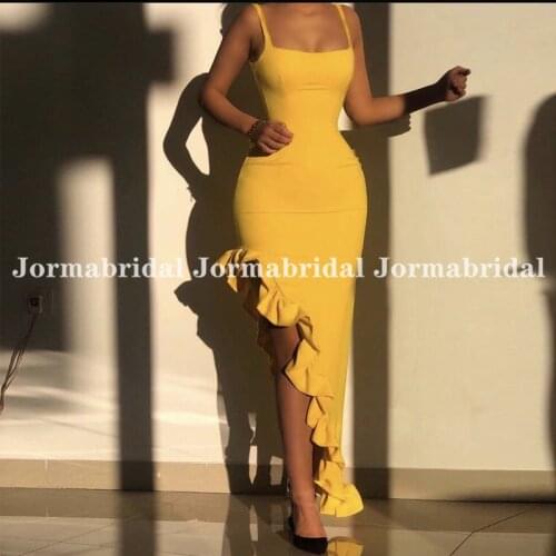 Sexy Ruffles Side Split Evening Gowns Spaghetti Strap Gold Couture Mermaid Formal Prom Gown Special Celebrity Party Dress