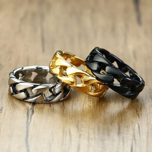 Gold/Silver-color/Black Color Stainless Steel Chain 7mm Punk Vintage Rings for Men Cuban Link Male Boy Finger Accessory