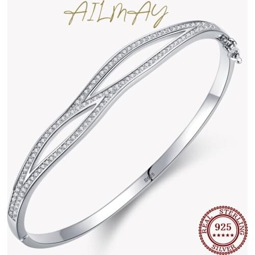 Ailmay 2021 New 100% 925 Sterling Silver Irregular Shape Line Zircon CZ Bracelets For Women Wedding Statement Band Fine Jewelry