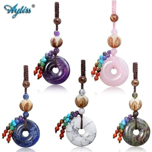 Ayliss New Gem Stone Keychain 7 Chakra Healing Crystals Beads Tassel Round Circle Key Chains for Bags Decor Charms Keyring Gift