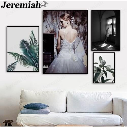 White Skirt Girl Canvas Painting Green Palm Leaf Poster Wall Background Art Nordic Room Home Decoration