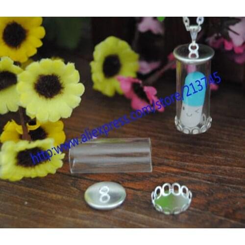Free ship!! 50sets charm 28*12mm tube glass globe & two bronze cover button base set , DIY glass bottle vial pendant glass dome