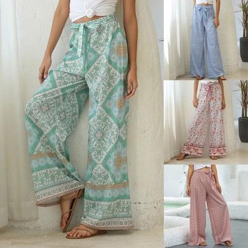 Fashion Women Bohemian Floral Print Long Pants High Waist Vintage Pants Elastic Waist Boho Beach Trousers