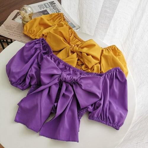 Heliar Bow T-Shirt Women Off Shoulder Tees Short Sleeve Crop Top Y2k T-shirts Chiffon Summer Cute Tees Clothes