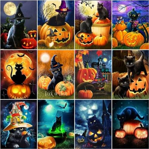 HUACAN Diamond Painting Black Cat Full Square Round Handmade Gift Diamond Embroidery Animal Mosaic Pumpkin Halloween Decor