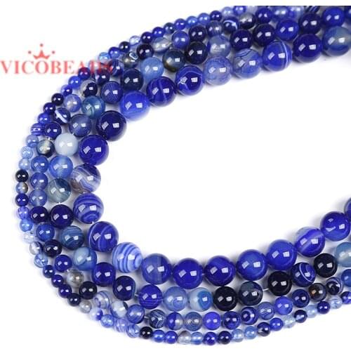 Natural Stone Beads Lazuli Blue Stripe Agates Onyx Round Loose Beads 6 8 10 12 14mm Fit Diy Space Beads Jewelry Making
