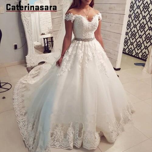 Lace Applique Beads Zipper Wedding Dress Sexy Off-the-shoulder Bride Ball Gown Court Train