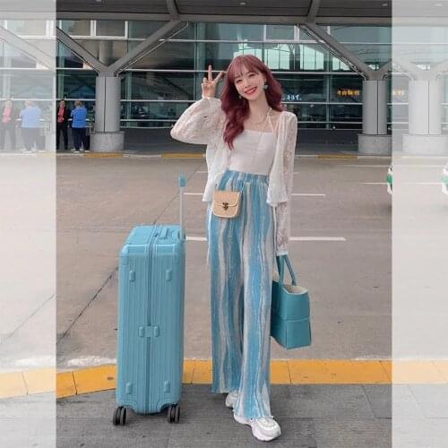 Summer Wide Leg Pants Folds Thin High Waist Loose Urban Streetwear Women Blue Tie Dye Harajuku Plus Size Flared Fluid Trousers