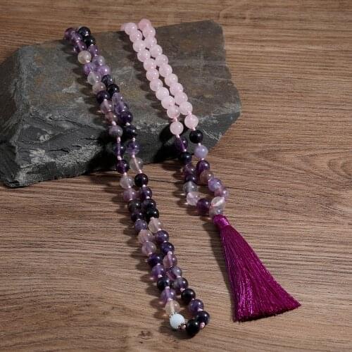 Mala Beads Necklece 8mm Natural Stone 108 Rose Crystal Stretch Meditation Yoga Ethnic Long Necklece Jewellery