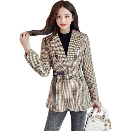 Little Shorty Women Plaid Blazer Spring Autumn Woolen Coat Double-Breasted Slim Belt Cotton Liner Casual Top Clothes Suit KW1080