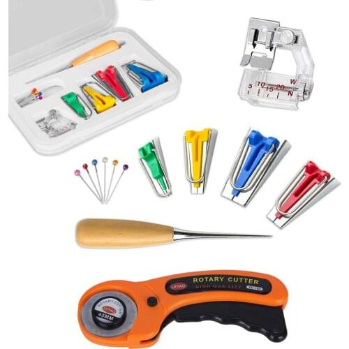 16pcs Fabric Bias Tape Makers Kit + 45mm Rotary Cutter Leather Patchwork Bias Binder Presser Foot DIY Quilting Sewing Machine