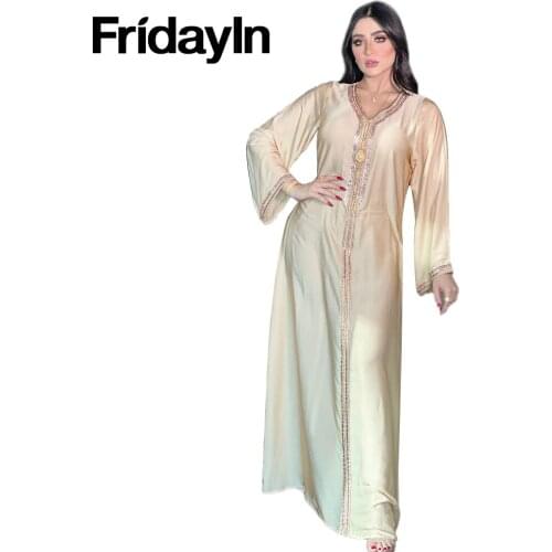 FridayIn Autumn New Casual Middle East Arabian Gold Silk Robe Solid Color Muslim Clothes Long-sleeved Big Swing Womens Dresses