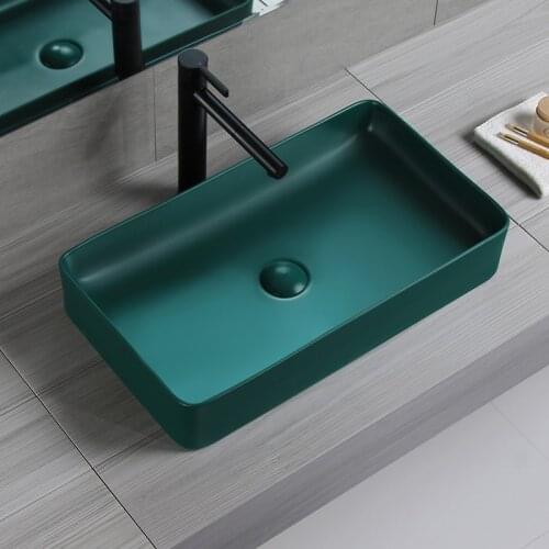 Simple Matte Green Washbasin with Drainers Rectangular Tabletop Basin Ceramic Bathroom Sink Household Products Art Vessel