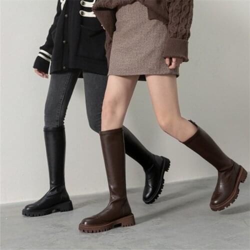 PXELENA Vintage Women Chunky Med Heels Platform Riding Knight Knee High Stretch Boots Genuine Leather Shoes Back Zip Round Toe