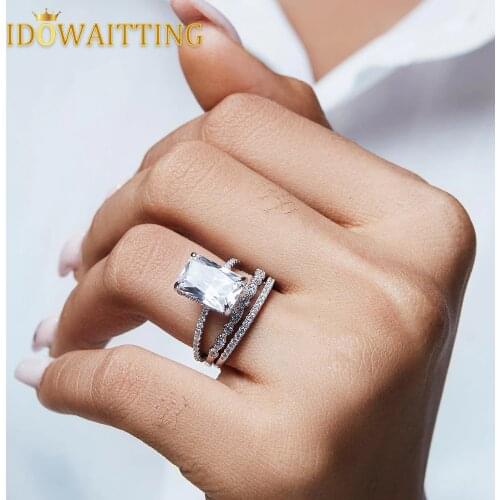 Iced Out Bling Square Cubic Zircon Rings For Girls Micro Pave Clear CZ Silver Color Engagement Wedding Women Finger Jewelry