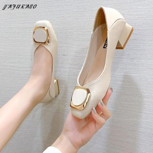 Thick-Heel Single Shoes 2021 Square-Toe Shallow Mouth Women Shoes Soft Leather Comfort Grandma Shoes 3 Cm Low Heel Ladies Pumps