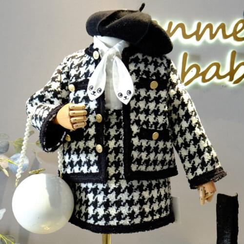 Spring French Knitted Suit Girl Plaid Coat Skirt Two Piece Baby Girl Girls Kids Children Clothing Set Clothes Lace Fall Channel