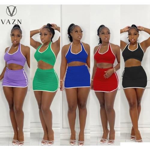 VAZN 2021 Summer Latest Style Sexy Energy Daily Little Chap Solid Halter High Waist Mini Skirts Skinny Women 2 Piece Set