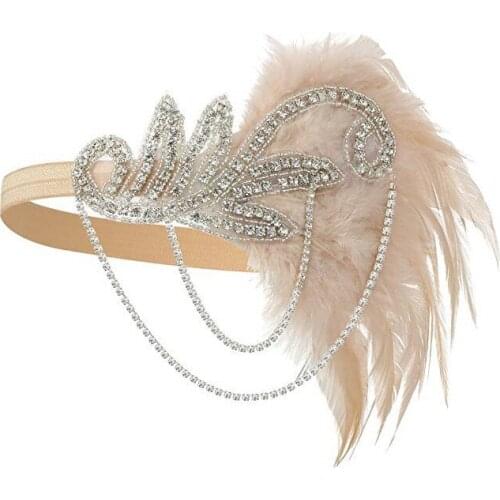 1920s Headband Costume Props Charleston costume accessories Nude Flapper Headpiece Great Gatsby feather beaded headband Chain