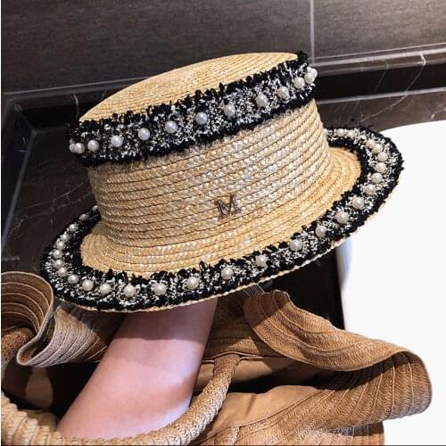 202005-shi new summer handmade straw black lace ribbon pearl lady fedoras cap women leisure panama JAZZ hat