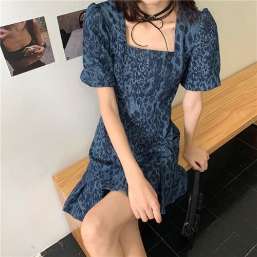 Summer Denim Dress Women Short Sleeve Leopard Print Square Collar Short Dresses Fashion Pleated Dress Female 2021