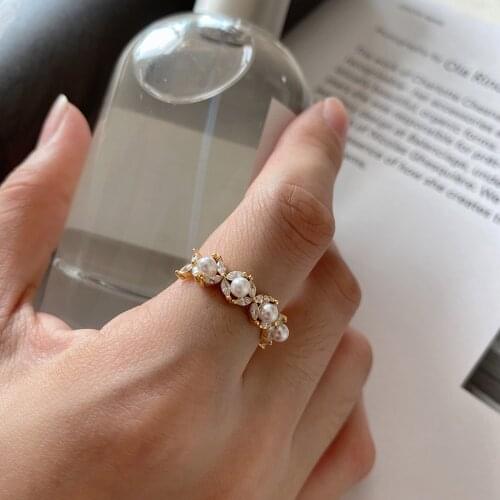 SHANICE 925 sterling silver pearl flower open ring European ins cold talk style fashion wild niche opening ring female