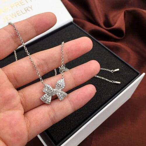 Bowknot Pendant Necklaces Micro Pave CZ Stone Fashion Womens Adjustable Free Long Chain Necklace Jewelry collares mujer