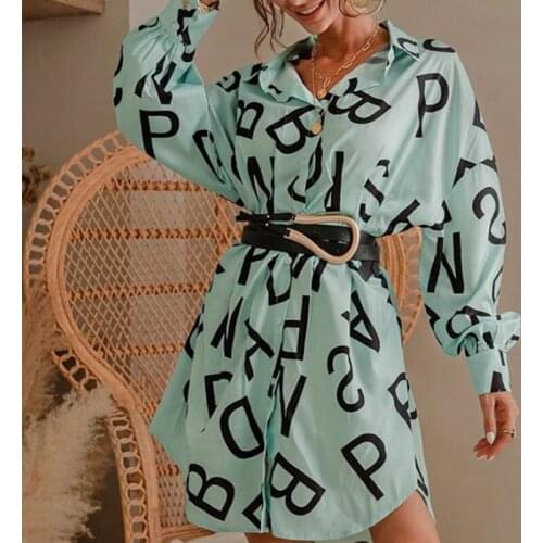2021 Women Irregular Hem Midi Dress Letter Print Long Sleeve Lapel Neck High Waist Dress For Party Beach Prom Music Festival